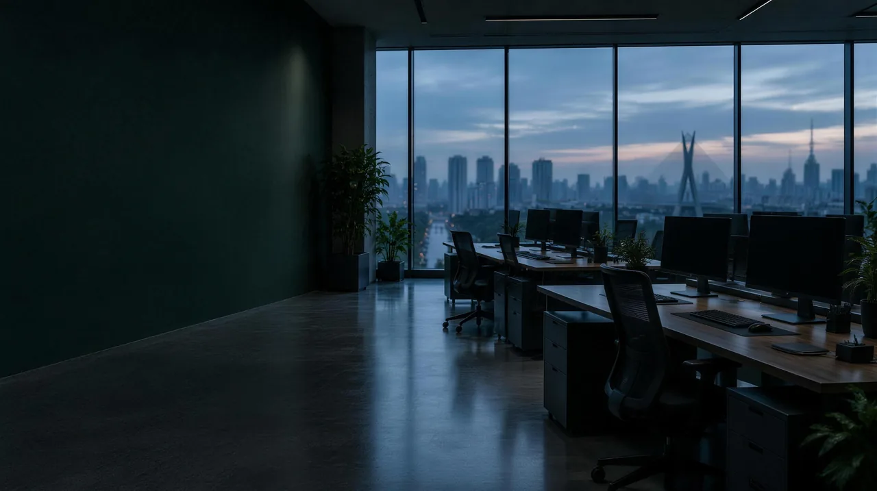 Escritório comercial contemporâneo ao anoitecer